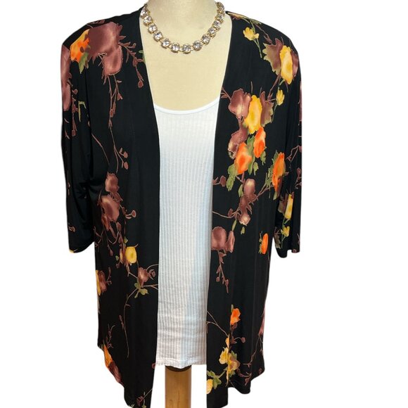 ARTEX Floral Kimono Cardigan Size Large Open Front 3/4 Sleeves Stretchy - Picture 3 of 11
